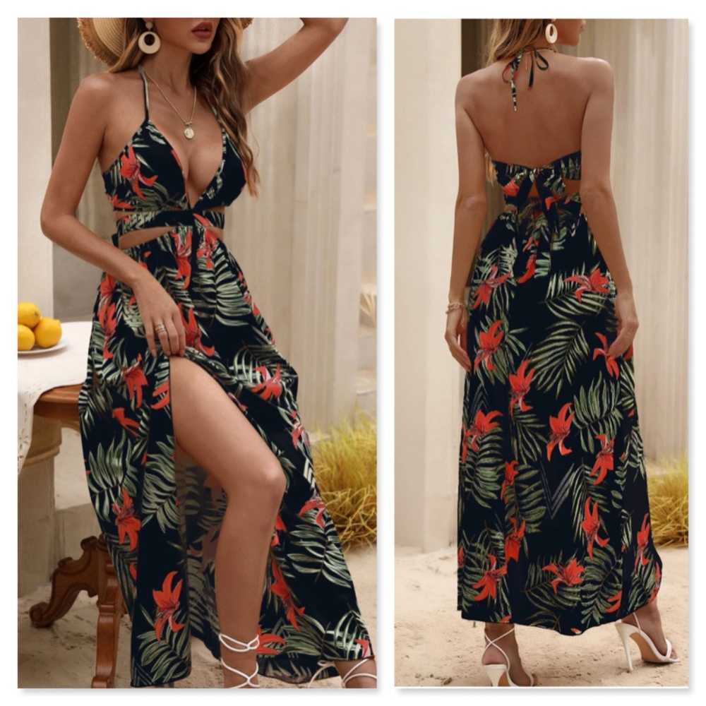 Black Boho Tropical Print Backless Maxi Dress V-Neck Floral Flared Red Green
